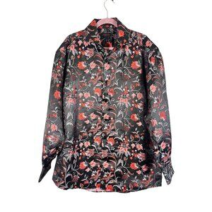 Retro Floral Dress Shirt Black XL French Cuff Shiny Festive Classic City Fit 80s